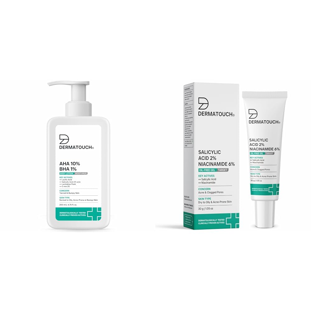 DERMATOUCH AHA 10% BHA 1% Body Lotion For Men and Women 200ml & Salicylic Acid 2% Niacinamide 6% Anti-Acne Oil-Free Gel For Active Acne, Oil Balancing, Pore Tightening 30g-image-35