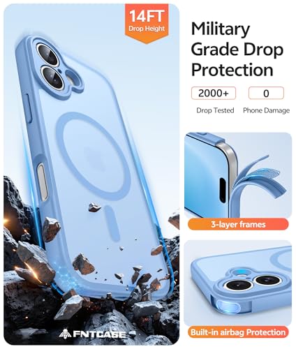 Image of FNTCASE for iPhone 16 Case [Compatible with Magsafe] Translucent Matte Cases with [Screen Protector] Military Grade Shockproof Protective Phone Cover - Light Blue