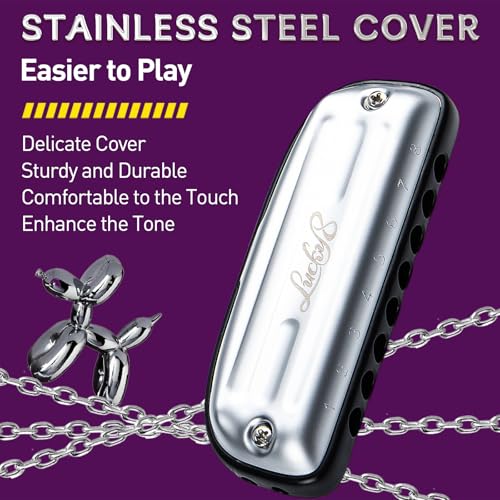 East Top 8 Hole Blues Harmonica, C Key Diatonic mouth organ for adults and students Silver, SILVER-C - Image 2