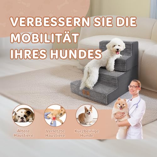 Sytopia Hundetreppe Große Hunde 4 Stufen Hoch, Hundetreppe für Bett Sofa 50cm, Haustiertreppe waschbar, hochdichter Schaumstoff, für verletzte ältere Hunde (46cm Höhe, Grau)