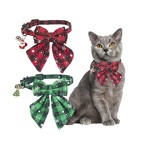 Adoggygo christmas cat collars breakaway with stylish bow, 2 pack red green plaid with snowflake christmas kitten collar with bell, removable bowtie cat christmas collar for cats kittens