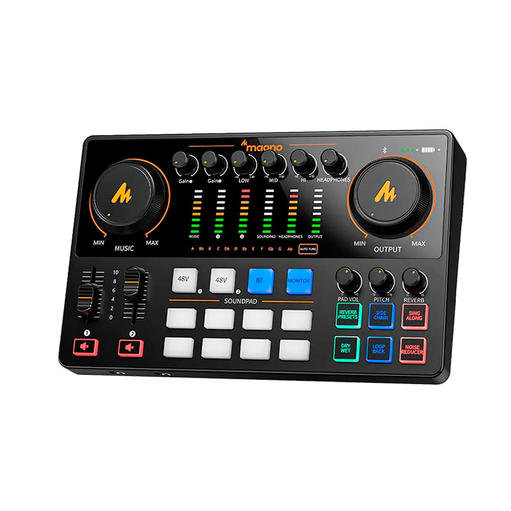 Interfaz de audio para mezclador de podcast MAONO E2 Gen2, negra | Doble entrada XLR, alimentación fantasma de 48 V, USB-C, Bluetooth, efectos de voz