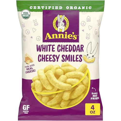 Annies Organic White Cheddar Cheesy Smiles, Baked Corn Puffs, Gluten Free, 4 oz