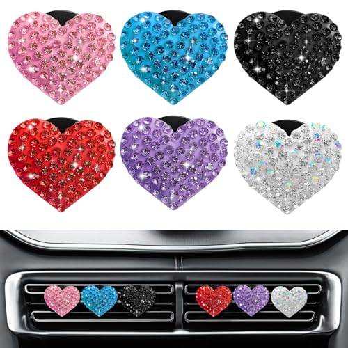 Image of 6-Pack Bling Rhinestone Car Vent Clips, Heart-Shaped Sparkle Air Freshener Decor for Women, Universal Fit for Cars, SUVs, Trucks (White, Pink, Red, Black, Purple, Blue)