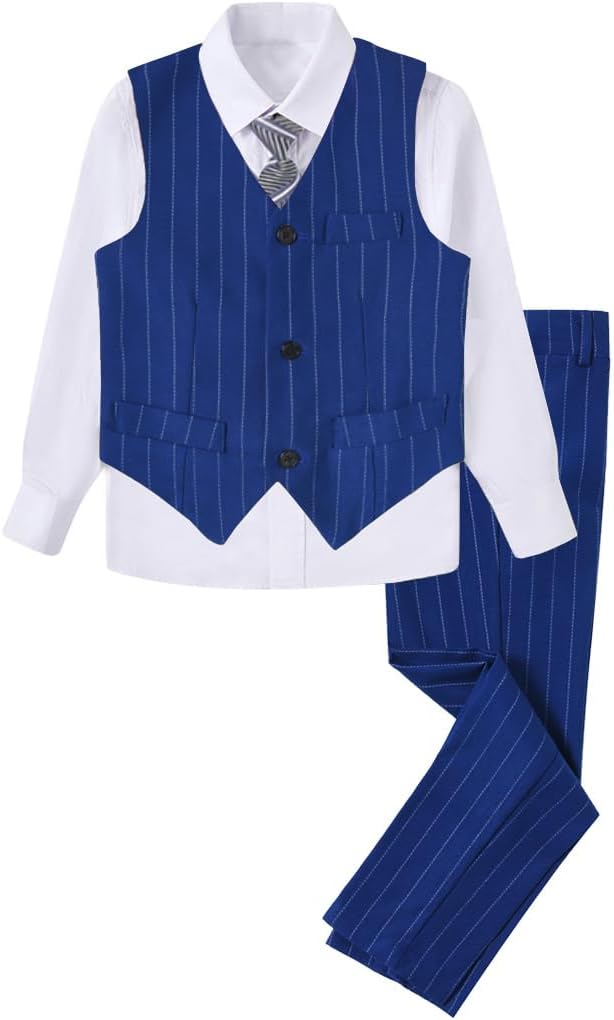 Boys 4 Pieces Suits Slim Fit Kids Outfits Vest Pants Sets Black Blue Formal Dresswear for Boy