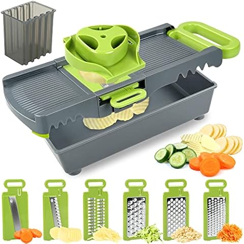 FAVIA Mandoline Slicer Veggie Slicer with Container 6-In-1 Onion Kitchen Food Slicer Dicer Wavy Potato Chips Cutter Cover