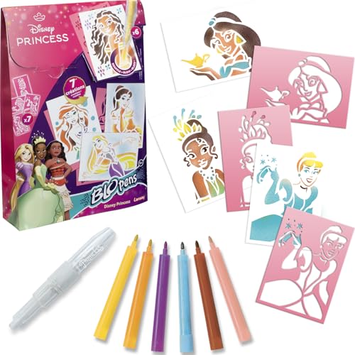 Lansay - BLOPENS Princesas DE Disney - Kit para Colorear y Dibujar para niños a Partir de 5 años - 6 rotuladores sopladores Blopens + 7 Plantillas Reutilizables - Regalo de cumpleaños