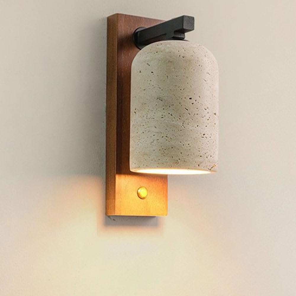 HEBXMF Natural Travertine Cylindrical Wall Lamp Shade, Solid Wood Base, Nordic Simple Wall Light, E26 Bulb Indoor Wall Sconce, Dining Room Hallway Bedside Decorative Lighting Fixtures