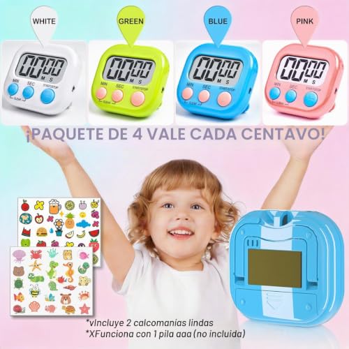 Miniatura 7 de Acomingwin 4 Piezas Temporizador Cocina, Digitale Temporizador Niños, Cronometro Magnético De Cuenta Atrás Para Ejercicio, Estudio, Horno- Funciona Con Pilas Aaa No Incluidas