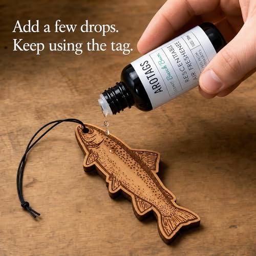 Image of Arotags Trout Car Air Freshener Kit, Reusable Wood Hanging Diffuser with 30 mL Beach Bum Fragrance Oil, Fishing Car & Truck Accessory