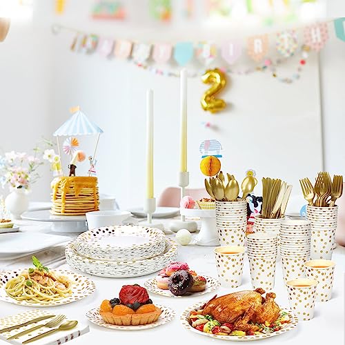 Party Supplies Set White and Rose Gold Dot, Gold Dot Paper Plates, Cups, Napkins, and Heavy Duty Silverware for Birthdays, Graduation, Wedding, Festivals - Image 8