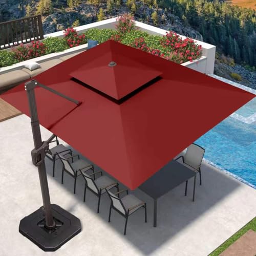 Image of 9' X 12' Patio Umbrella with Weighted Base and LED Lights Outdoor Cantilever Large Rectangle Offset Umbrellas Heavy Duty Aluminum Double Top with 360-degree Rotation for Pool Garden Deck, Red