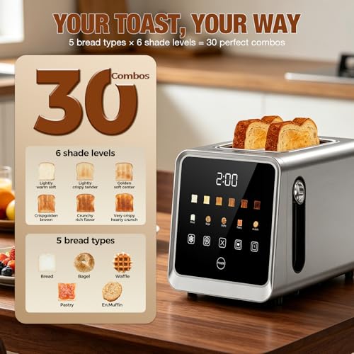 Image of 2 Slice Toaster, Smart Digital Touchscreen with Memory Function, 1.5 inch Extra-Wide Slots, 5 Bread Types & 6 Browning Settings, 900W for Fast Toasting, Defrost & Reheat Modes