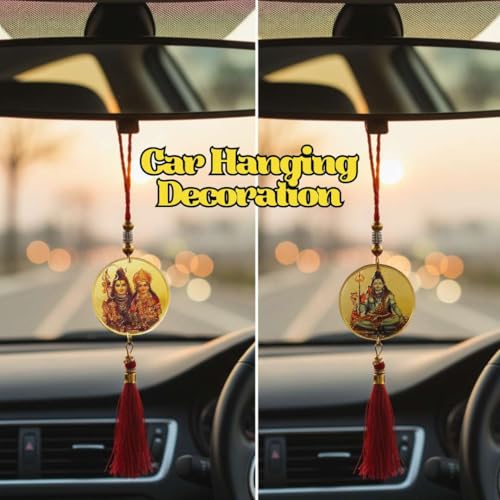 Image of Shiv Parivar Car Hanging with Bholenath Dual Side Gold Glossy Spiritual Locket Hanging for Car Rear View Mirror 13 Inch