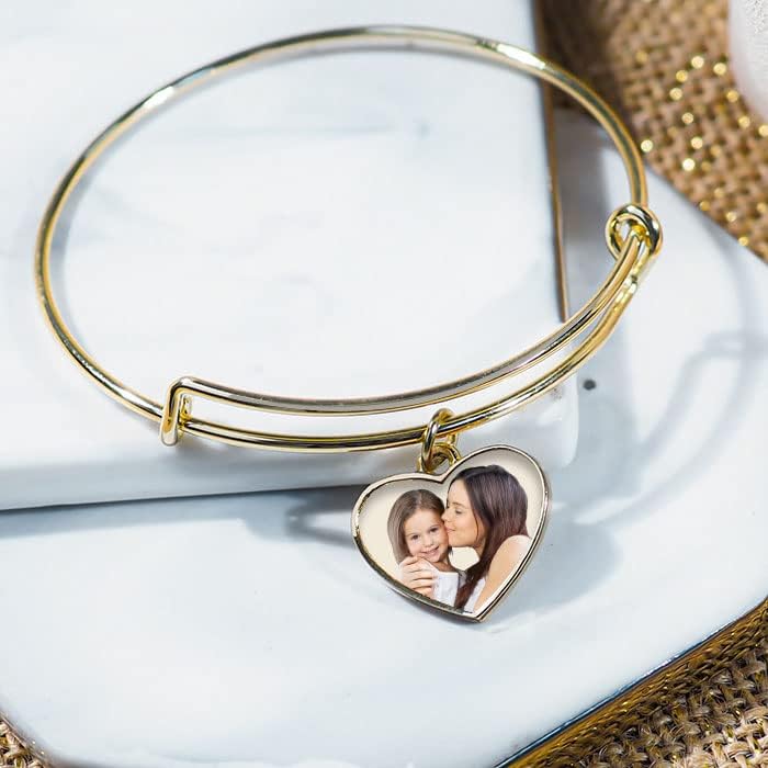 PicturesOnGold.com Expandable Engraved Charm Photo Bracelet with picture - One Size Fits All Personalized Photo Engraved Heart Bracelet - Stainless Steel or Yellow Gold Plated - Image 5