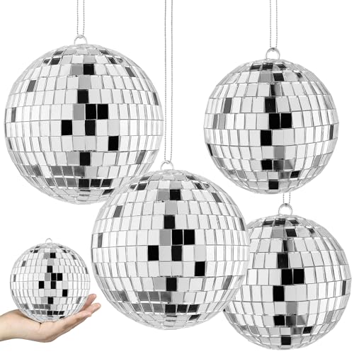 4 PCS 3 Inch 4 Inch Disco Ball Party Decorations Reflective Mirror Ball 70s Disco Themed Ornaments for Christmas Tree Cake Decor