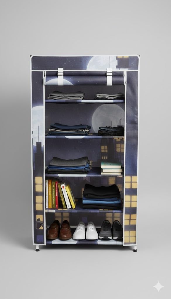 Chalia 6-Tier Multipurpose Storage Rack with Midnight Prism Dustproof Cover | Durable Plastic Frame Organizer for Bedroom, Kids Room & Office | Large Capacity Closet Stand (Deep Blue/Gold Edition)-picture-14