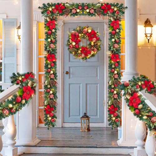 GarveeHome 6FT Christmas Garland with Lights, Prelit Mantle Christmas Garland with Battery Operated Lights Berries Red Poinsettia, Indoor Outdoor Xmas Garland for Fireplace Stairs Holiday Decorations
