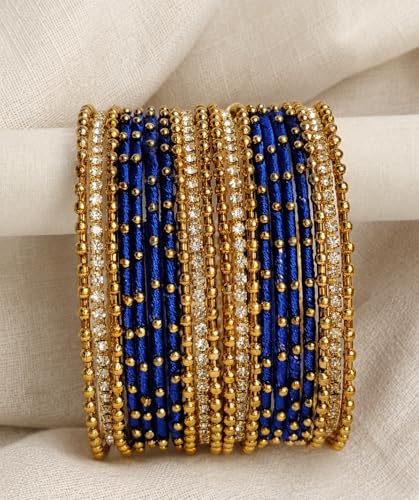Image of NMII Non-Precious Metal with Base Metal and Zircon Gemstone Studded Ball Chain Linked Glossy Finished Silk thread Bangle set for Women and Girls