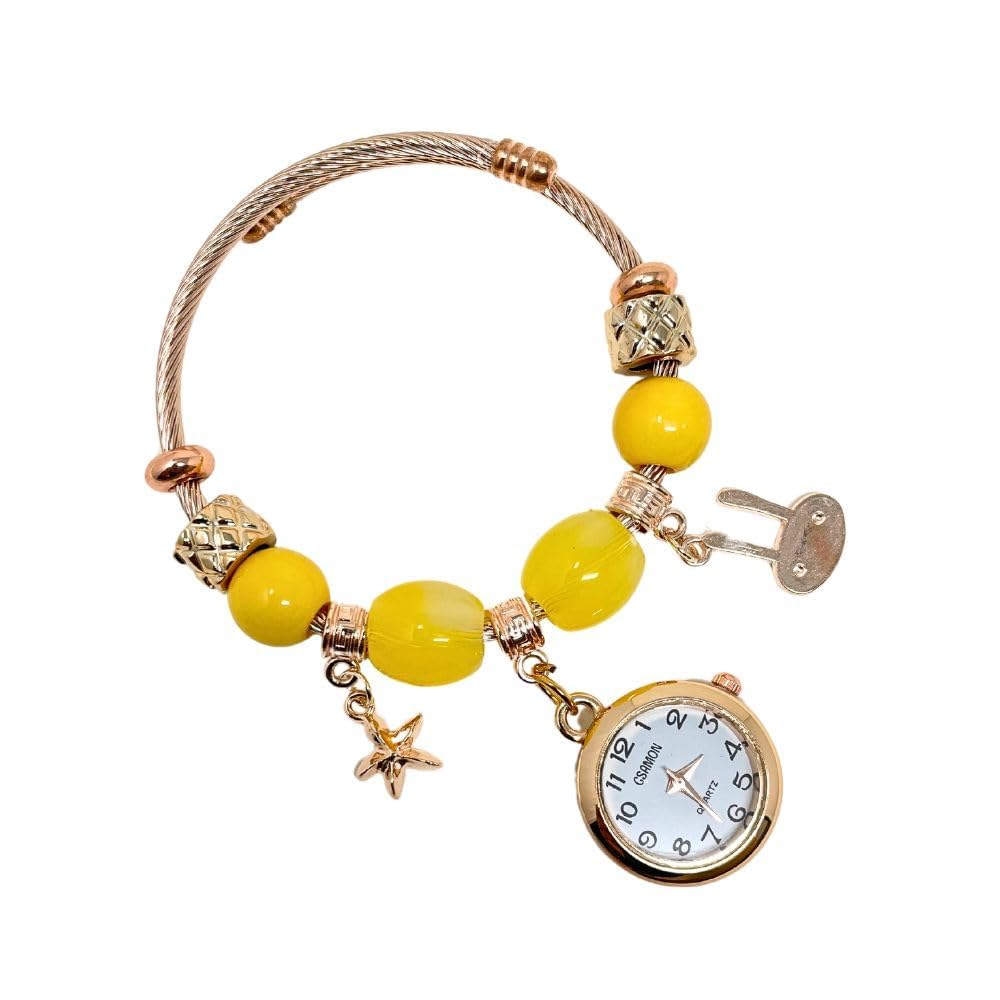 ZOVUTA Women and Girls Fashion Stainless Steel Beaded Adjustable Quartz Watch with Hanging Charms Bangle Jewellery Friendship Bracelet (Random Pearl Designs) Rose Gold with Yellow (B0DFM46J5V) Amazon Price History, Amazon Price Tracker