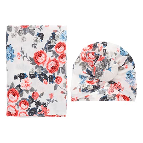 Image of KESYOO 1 Pack Baby Swaddle Blanket with Newborn Beanie Hat Cotton Floral Receiving Blanket Wrap Bow Headband for Infant Boy Girl