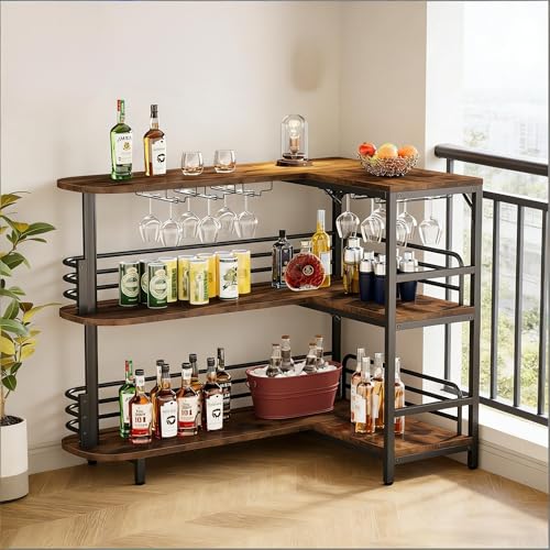 QSOST Meuble de Bar d'angle en Bois et métal, avec étagères de Rangement et Porte-Verres, Hauteur du Plan de Travail : 110 cm, Convient au Salon et à la...