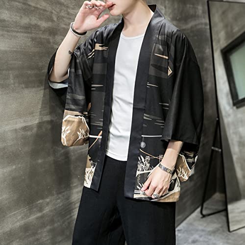 Ambcol Men\'s Japanese Haori Jacket Kimono Cardigan 3/4 Sleeve Noragi Casual Happi Coat C1-Black X-Large