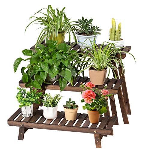 GOPLUS Blumenständer mit 3 Ebenen, Pflanzenständer Holz, Pflanzenregal...