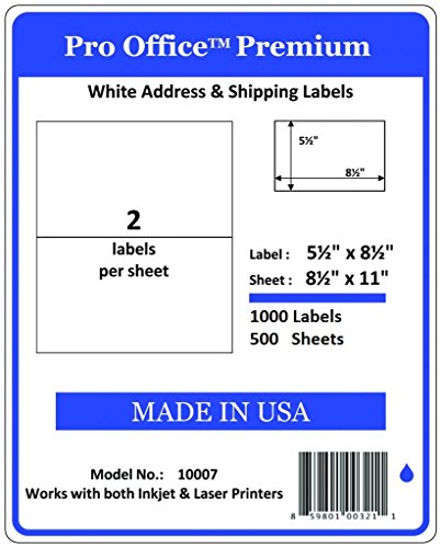 Pro Office Shipping Labels for Printers - Premium 1000 Half Sheet Self Adhesive - Ink Jet and Laser Printers, White, Made in USA, 5.5 x 8.5 Inches, Pack of 500, Same Size As 8126 and More