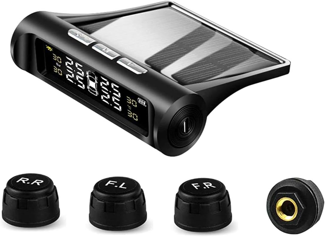 VSTM Tire Pressure Monitoring System TPMS, Solar Power Universal Wireless Car Alarm System with 4 External Sensors,6 Alarm Modes,LCD Real-time Display Pressure & Temperature Alerts Ensure Safe Driving