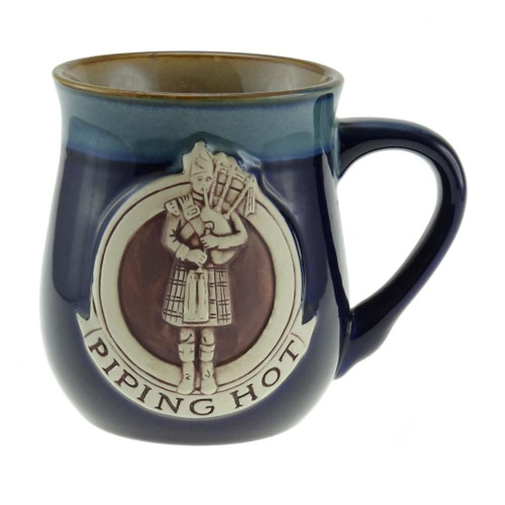 Glen AppinStoneware Piping Hot Mug Featuring A Scottish Piper, Blue