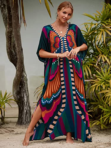 Kaftan Dresses for Women Plus Size Lightweight Swimsuit Cover up Batwing Sleeve Print Loungewear Beach Robe2