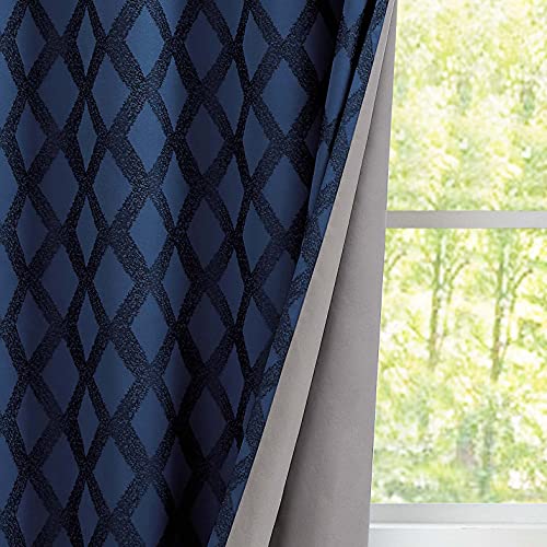 Romantex Navy Blue Patterned Blackout Curtains 84 Inch Length For Bedroom Thermal Insulated Window Panels Geometric Jacquard Room Darkening Curtains For Living Room Grommet Top 2 Panels,52" Wx84 L #TOP2