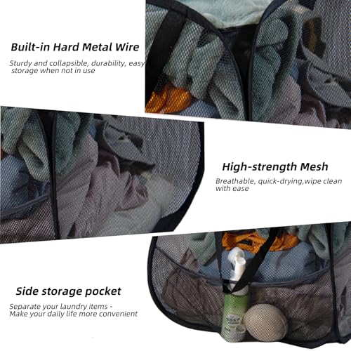 Image of Collapsible Laundry Basket 90L, Foldable Mesh Pop-up Laundry Hamper with Handles, Dirty Clothes Hamper for Laundry with Side Storage Pocket(Black, 2PCS)