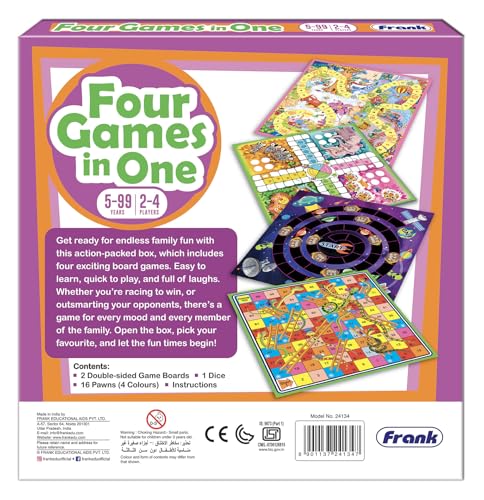 Image of Frank Four Games in One | Classic Board Game Set for Kids Ages 5 & Up | Family Games for Boys & Girls | Includes Snake & Ladder, Ludo and More | Fun Indoor Game for Adults & Kids | Gift Option