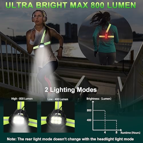 Running Lights for Runners, True 800 Lumen Led Chest Light for Running at Night Adjustable Beam, Safety Light with Yellow Reflective Gear for Running, 4-8h USE TIME