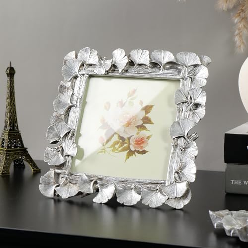 Vintage Silver 5x5 Picture Frame, Silver Frames Ornate Leaf Textured Hand-Crafted Resin with Glass Front, Antique Photo Frame for Tabletop Display, Retro Home Decor
