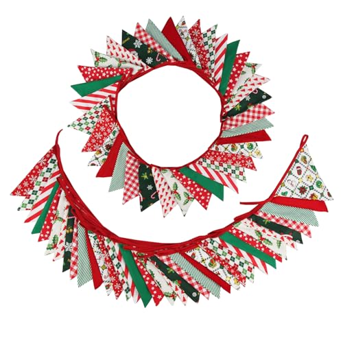 Image of Zwiebeco 32Ft Christmas Pennant Fabric Triangle Flags Garland Red Green White Cotton Bunting Banner for Merry Xmas Party Birthday Wedding New Year Fireplace Home Garden Outdoor Decorations