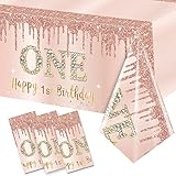 Excelloon 3 Pcs 1st Birthday Tablecloth Decorations for Baby, Pink Rose Gold First Birthday Theme Table Cover Party Supplies, One Year Old Birthday Plastic Disposable Rectangular Table Cloth Decor