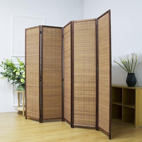 5 Panel Room Divider Screen,5.6 FT Tall Bamboo Room Divider Folding Privacy Screen,Freestanding Room Divider for Room Seperation,Brown