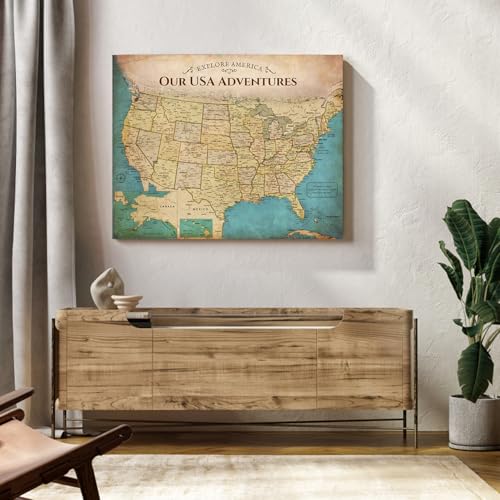 Image of DECORARTS - Push Pin Travel Map USA, US Maps for Wall, Antique Vintage Old United States Pin Board Canvas Wall Art, Giclee Print on Canvas, Handcrafted in USA, 30x24''