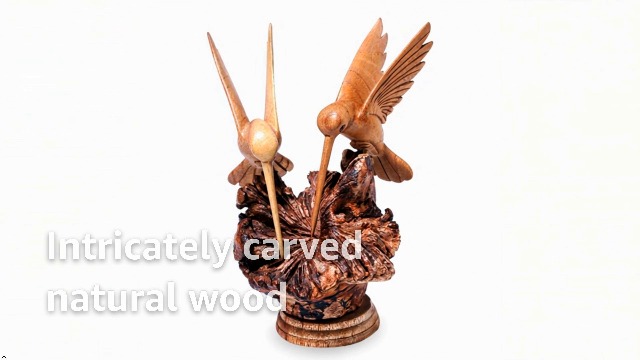 Escultura artesanal de madera, pareja de colibríes 7.5" H x 6" W miniatura 7
