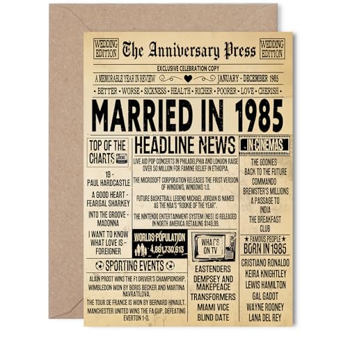 41st Anniversary Card for Women Men - Vintage Newspaper Married in 1985-41 Year Wedding Anniversary Card for Husband Companion Wife Partner, 5x7 Inch Anniversaries Greeting Cards