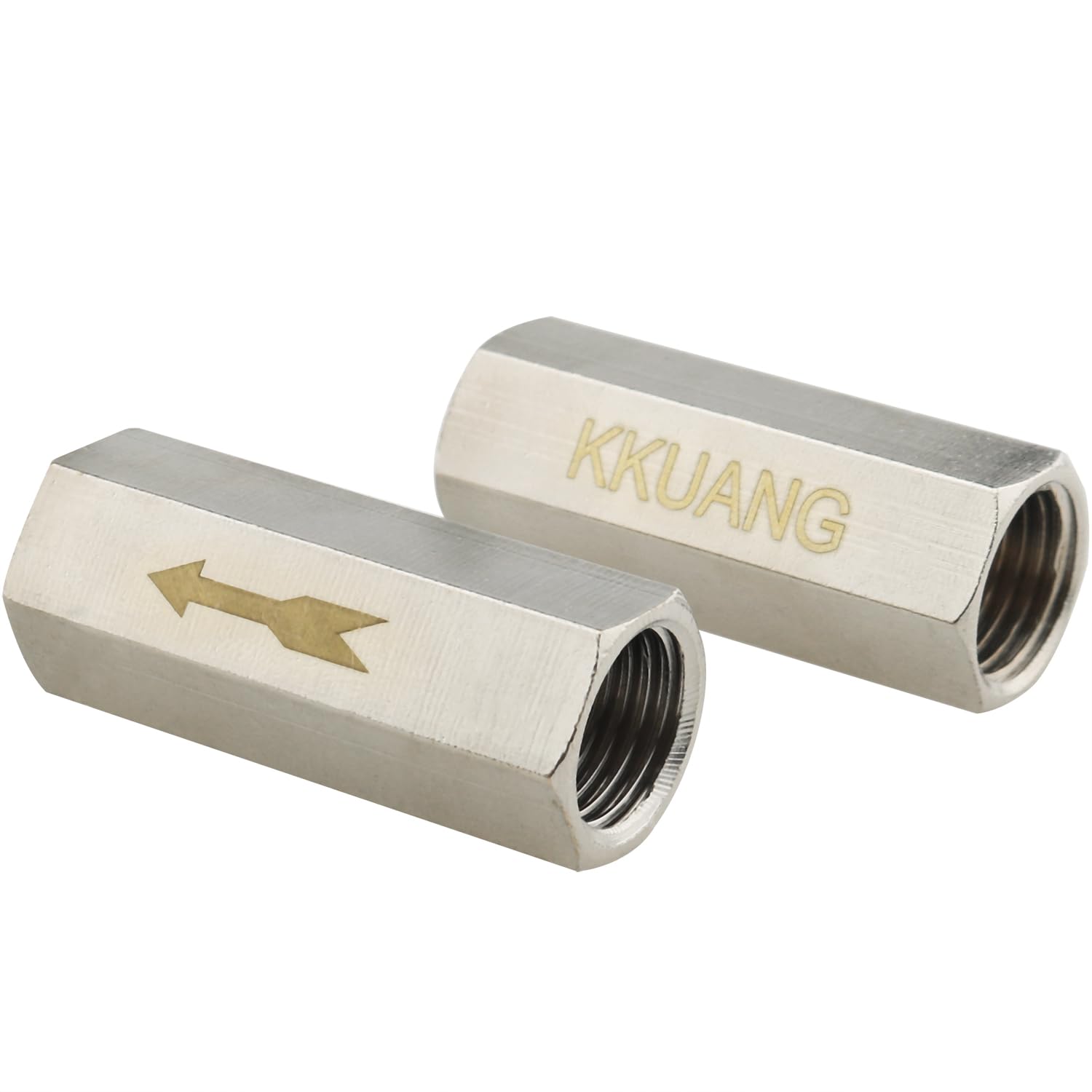 KKUANG 2PCS G1/4In Brass One Way Air Check Valve Female Threaded Non Return Metal Water Pipe Valve, Silver, 1WCV-G14-2
