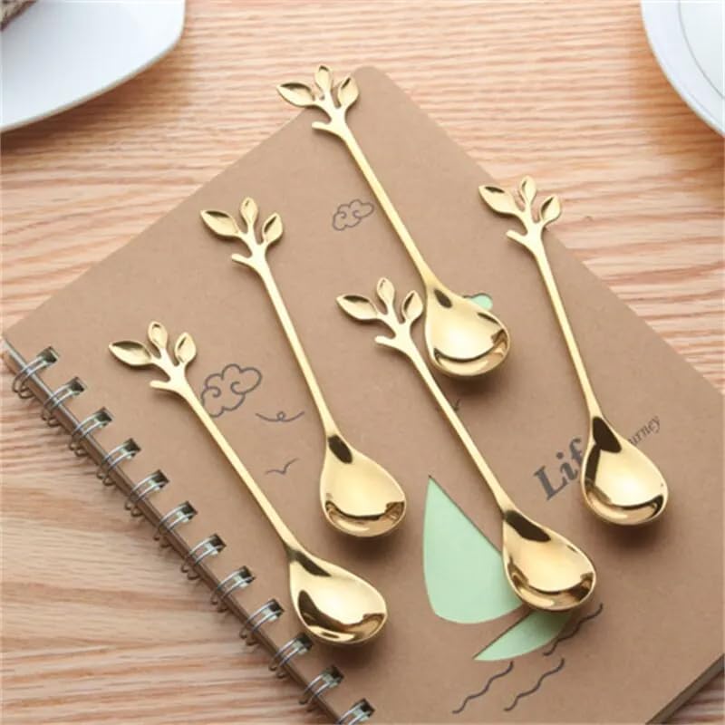 Juego de 6 cucharas doradas de acero inoxidable con personalidad creativa, cuchara de hoja de árbol, cuchara de café, cuchara de té, hogar, restaurante, postre, cubertería, 6 piezas, color dorado