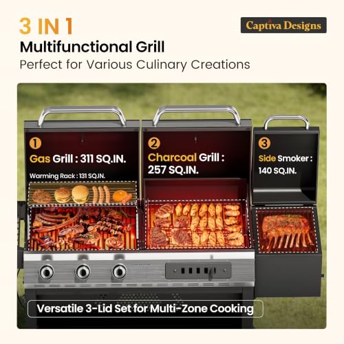 Image of Captiva Designs 3 Burner Gas Charcoal Combo Grill with Offset Smoker, Black