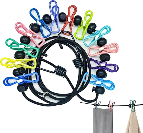 Travel Washing Line, Elastic Travel Clothes Line, Portable Clothesline, Retractable Clothesline for Travel with 12 Colorful Clothespins For Camping Travel Clothes Laundry Drying Outdoor