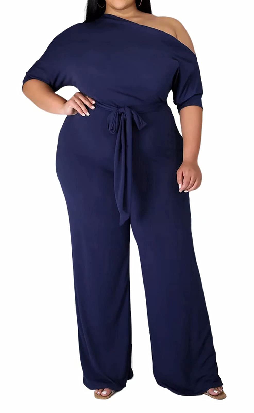 Womens Plus Size One Shoulder One Piece Pant Outfit Club Flare Jumpsuit  Romper