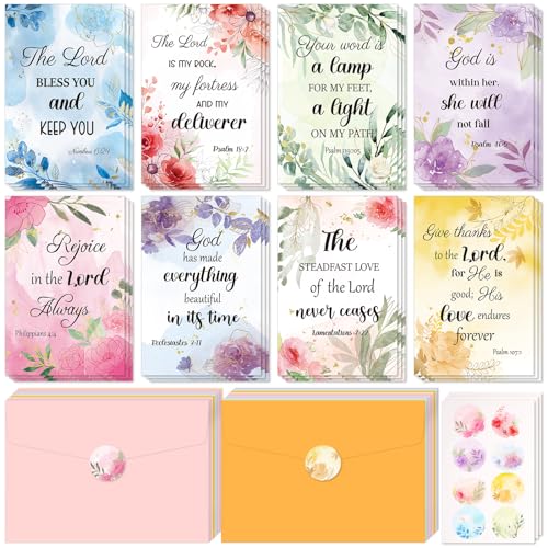 Cartes de vœux chrétiennes florales Lot de 24 avec citations de la Bible