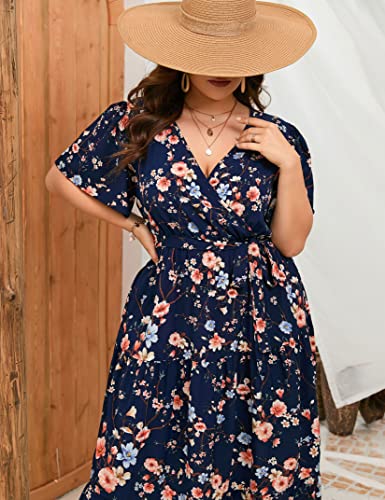 Image of ShopWonder Womens Plus Size V Neck Wrap Maxi Dress High Waist Ruffle Summer Casual Dress with Belt